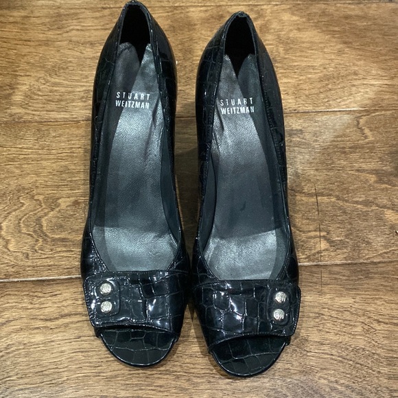 Stuart Weitzman Black Patent Croc Pattern Heels 7.5 - Picture 1 of 7